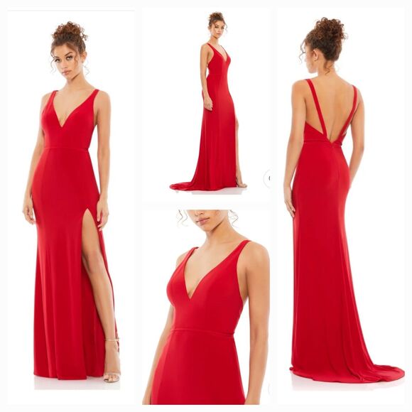 New MAC DUGGAL 25846 Red Sleeveless Plunge Neck High Slit Gown Women's (6) $278 - Picture 1 of 13